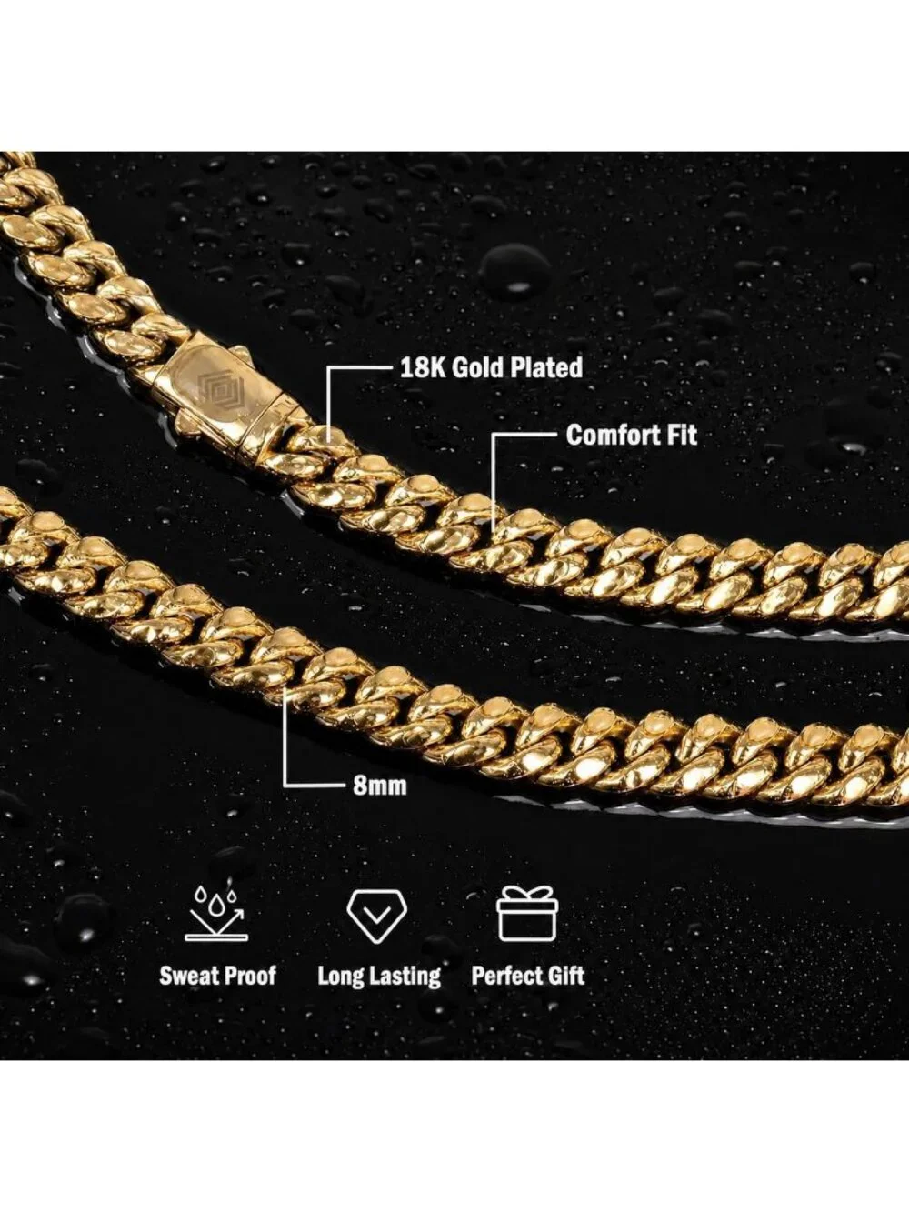 Men's Gold 8mm Cuban Link Chain 316l Stainless Steel 18k Gold Plated Gift